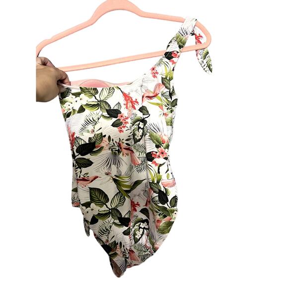 One Shoulder Knotted One Piece Swimsuit with Tropical Birds and Flowers - Picture 1 of 11